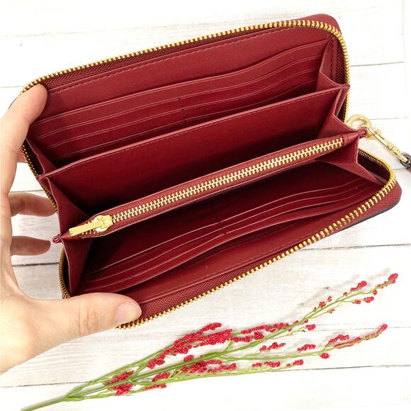 Coach Long Zip Around Wallet in Signature Canvas Khaki Cherry C4452 - Picture 3 of 5